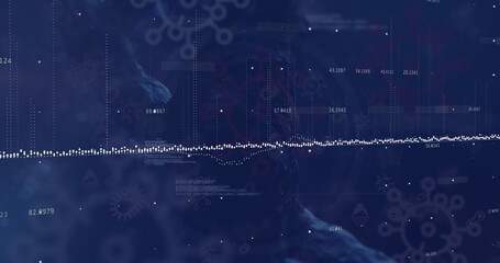 Image of data processing over dna structure and covid-19 cell icons against blue background