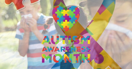 Images of colorful puzzle pieces and ribbon over diverse group of children