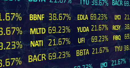 Image of stock market data processing over covid-19 cells floating against blue background