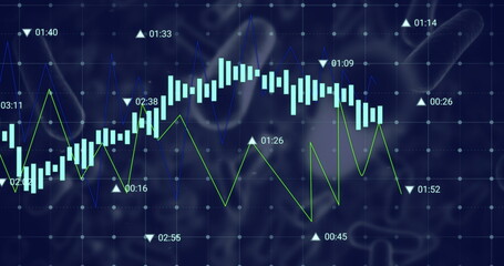 Image of financial data processing over blood vessels floating against blue background