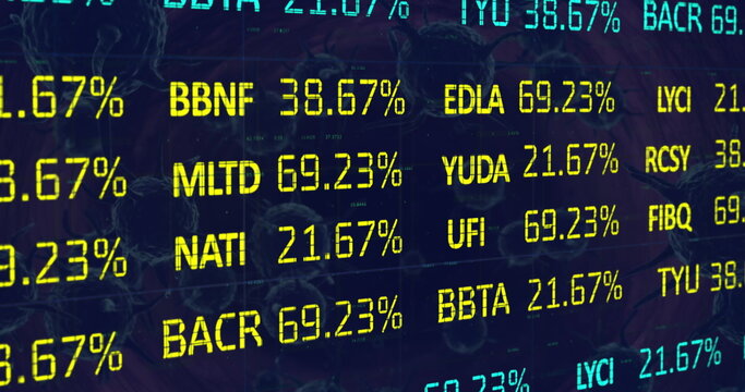 Image of stock market data processing over covid-19 cells floating against blue background