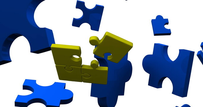 This is a digital image of blue pieces of a puzzle falling on a white background - Powered by Adobe