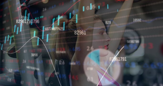 Composite of numbers and financial data processing over woman exercising