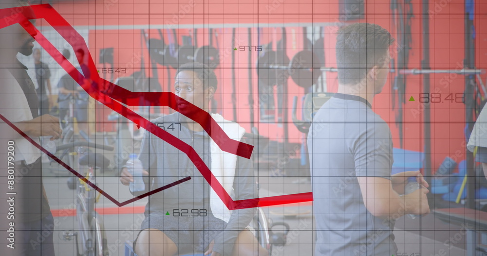 Poster image of graphs and numbers over multiracial buddies talking after exercise in gym
