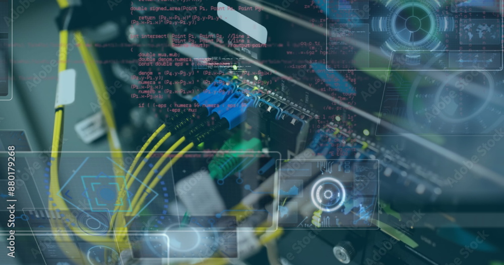 Poster image of round scanners and data processing against close up of a computer server