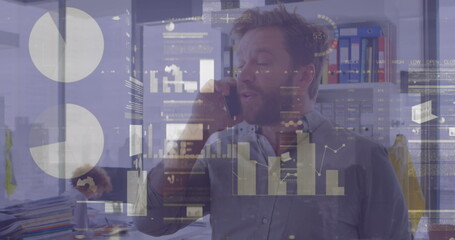 Image of financial data processing over man using smartphone