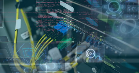 Image of round scanners and data processing against close up of a computer server
