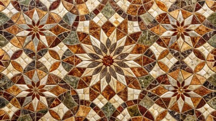 Intricately arranged marble stone mosaic pattern featuring rich earthy tones and subtle veining on a high-resolution textured background.