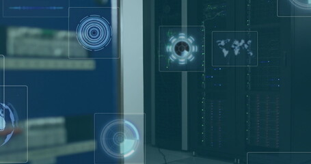 Image of round scanners and data processing against computer server room