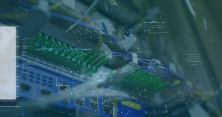 Image of data processing and light spot against close up of computer server