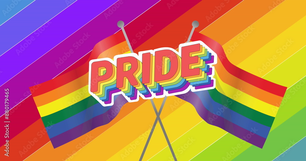 Poster image of pride text and flags over rainbow background