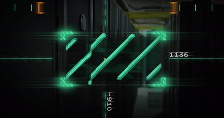 Image of lines in viewfinder with changing numbers against server room in background