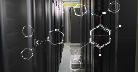 Image of molecule structures against server room in background