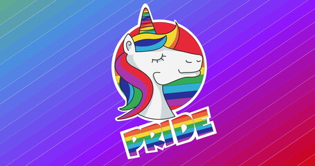 Image of pride text over unicorn and rainbow stripes © vectorfusionart
