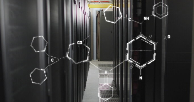 Image of molecule structures against server room in background