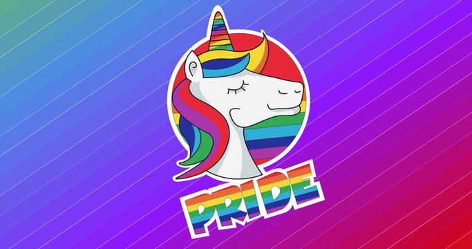 Fototapeta Image of pride text over unicorn and rainbow stripes