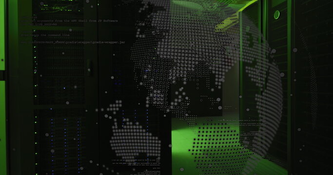 Image of computer programming language and globe over illuminated server room