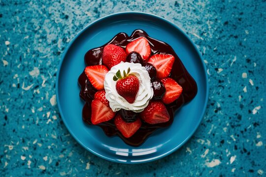 Strawberries with whipped cream and cholocate on a blue plate