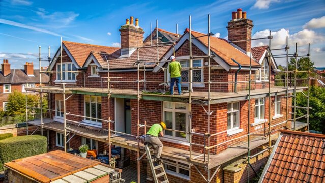 Rooftop scaffolding surrounds a semi-detached house in Southport as construction workers build a loft extension with bricks and tiles.