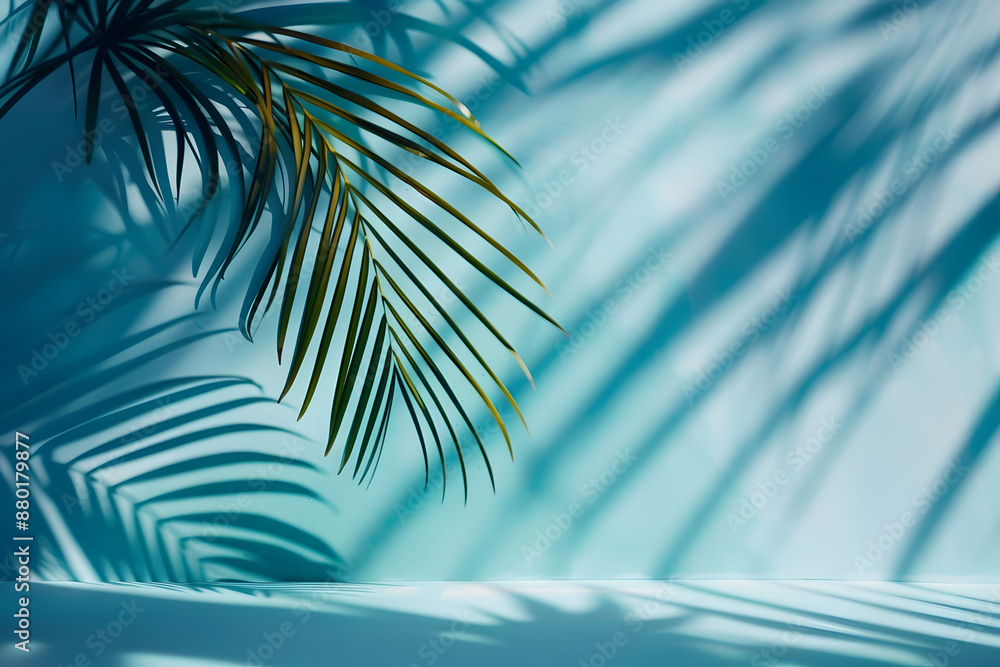 Poster blurred shadow from palm leaves on the light blue wall minimal abstract background for product prese