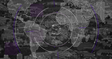 Image of scope scanning and data processing over cityscape