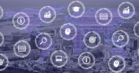 Image of icons and data processing over cityscape