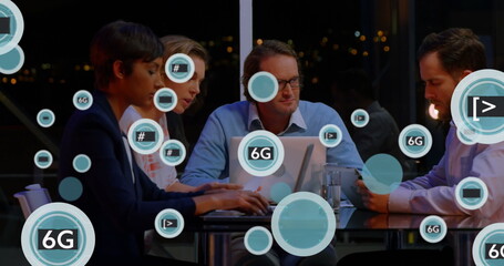Image of 6g text and symbols in circles over diverse coworkers sharing ideas in cafes