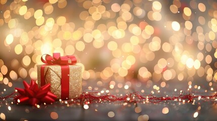 Festive Christmas card with gift box on background of bokeh garland