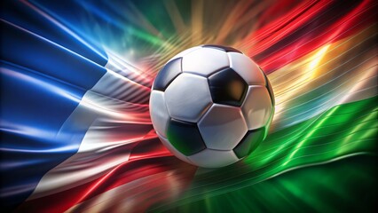 Naklejka premium Vibrant, motion-blurred soccer ball soars against a backdrop of two waving national flags, one with blue white red stripes and one with green red.