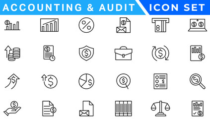 Accounting icon set. Containing financial statement, accountant, financial audit, invoice, tax calculator, business firm, tax return, income and balance sheet icons. Solid icon collection.