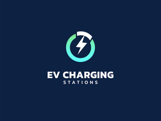 Electric vehicle charging with lightning bolt symbol in circle logo vector design concept. EV charging logotype symbol for Electric Car, EV station, ui, business, infographic, tech, clean energy, web.