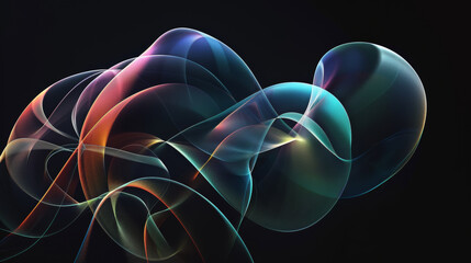 digital rendering of curved shapes that resemble the form and movement of iridescent soap bubbles, fluidity and motion, transparent and gradient colors, on black background