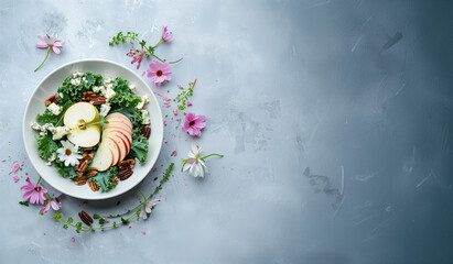 Still life photo featuring kale, sliced apple, pecans, blue cheese, and apple cider vinegar with a clean, minimal background. Clean composition. Space for text. 
