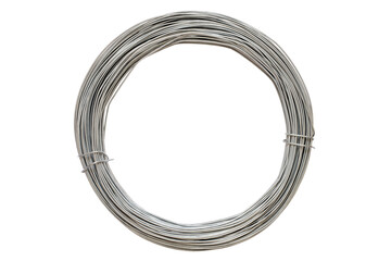 A coil of steel wire isolated on a white background. A round coil of iron wire.