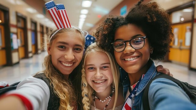 21 Friends with American flag phone accessories, taking selfies in school hallway, bright morning, medium shot, trendy and fun
