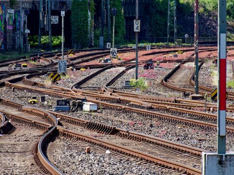 Railroad tracks and switches near central station in Hagen, Germany