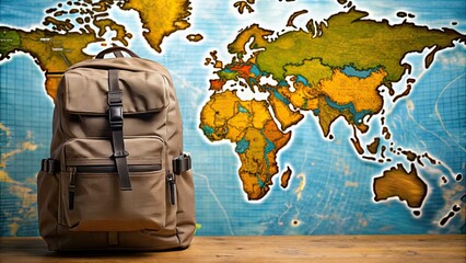 Naklejka premium Travel backpack with world map background, travel, backpack, world map, adventure, exploration, wanderlust, tourism