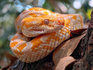 Fototapeta premium Snake coiled on a tree branch.