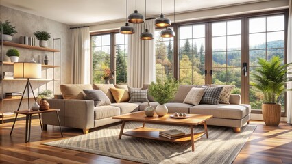 Fototapeta premium Cozy living room with modern couch and end tables, large windows, and neutral decorations, evoking a sense of relaxation and comfort.