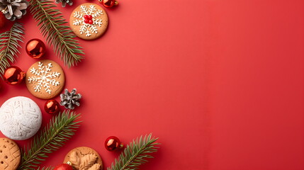 Christmas card with gingerbread cookies on a red background. Top view of flat lay with space for Christmas greetings