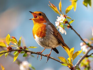 Robin bird singing on a blossoming branch in spring light