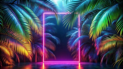 Vibrant neon rectangle frame amidst tropical palms radiates futuristic reflections capturing 80s nostalgia in a vertical futuristic neon-lit atmospheric scenery.