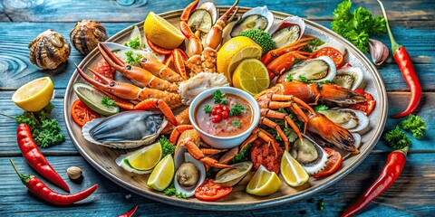 Fototapeta premium Vibrant and colorful seafood platter with crab claws, oysters, and shrimp on a beachside table, seafood, platter