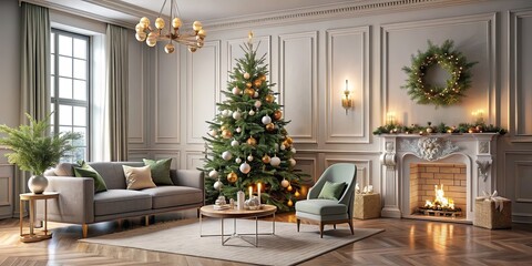 Stylish room interior adorned with beautiful Christmas decor , Stylish, room, interior, beautiful, Christmas, decor, holiday
