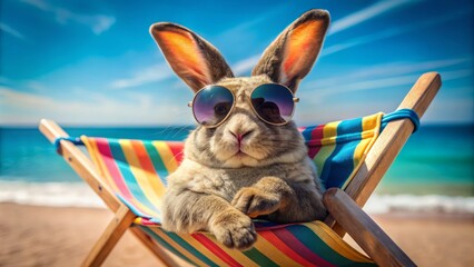 Relaxed bunny wearing trendy shades lounges on a colorful beach chaise, paws curled, whiskers twitching, epitome of carefree summer vibe.