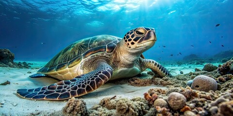 Sea turtle resting on ocean floor surrounded by debris , pollution, marine life, sea turtle, ocean, trash