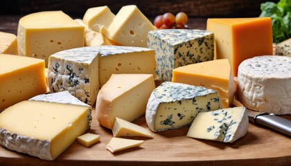 Assortment of Cheeses on Wooden Cutting Board.