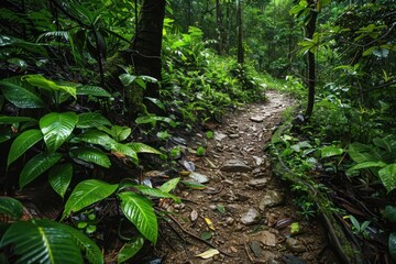 Fototapeta premium A scenic hike through the lush trails of a tropical rainforest, with waterfalls, exotic plants, and diverse wildlife