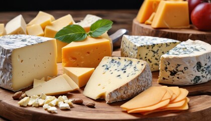 Assortment of Cheese on Wooden Cutting Board.