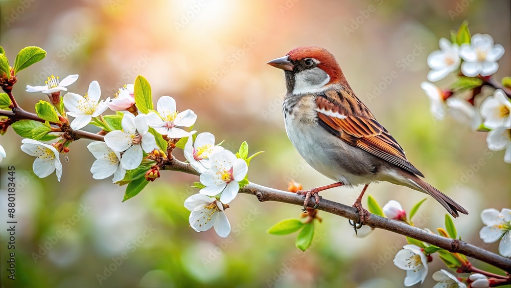 Sticker Sparrow perched on a blossoming branch in spring , sparrow, perched, blossoming, branch, spring, nature, wildlife, bird, small